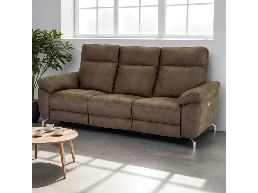 Canapé relax électrique Selesta - 3 places - Tissu - Marron