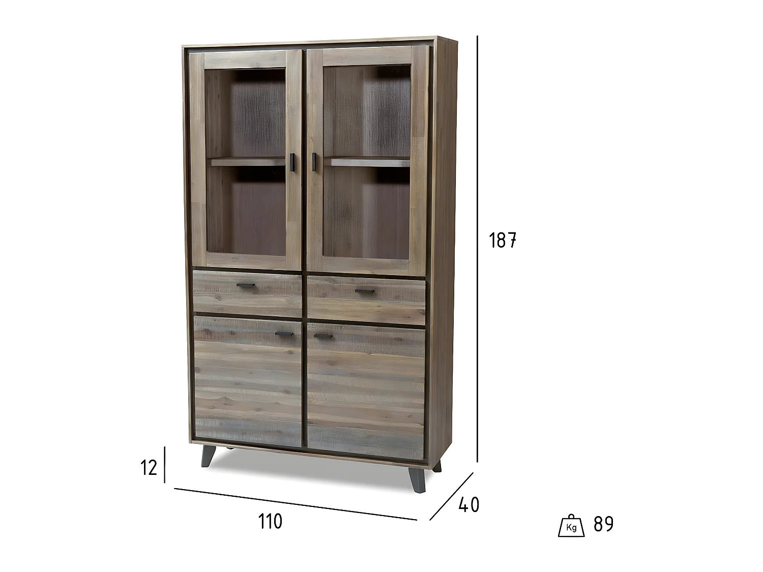 Vitrine Malaga avec 4 portes et 2 tiroirs - Acacia massif et MDF - Marron