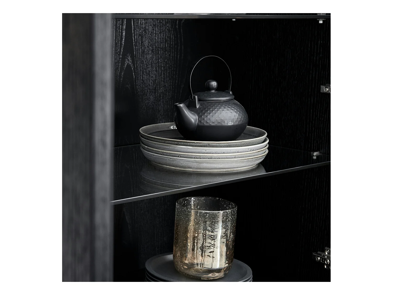 Vitrinekast met led-verlichting Tokyo - 4 deuren, 2 laden - MDF & staal - Zwart