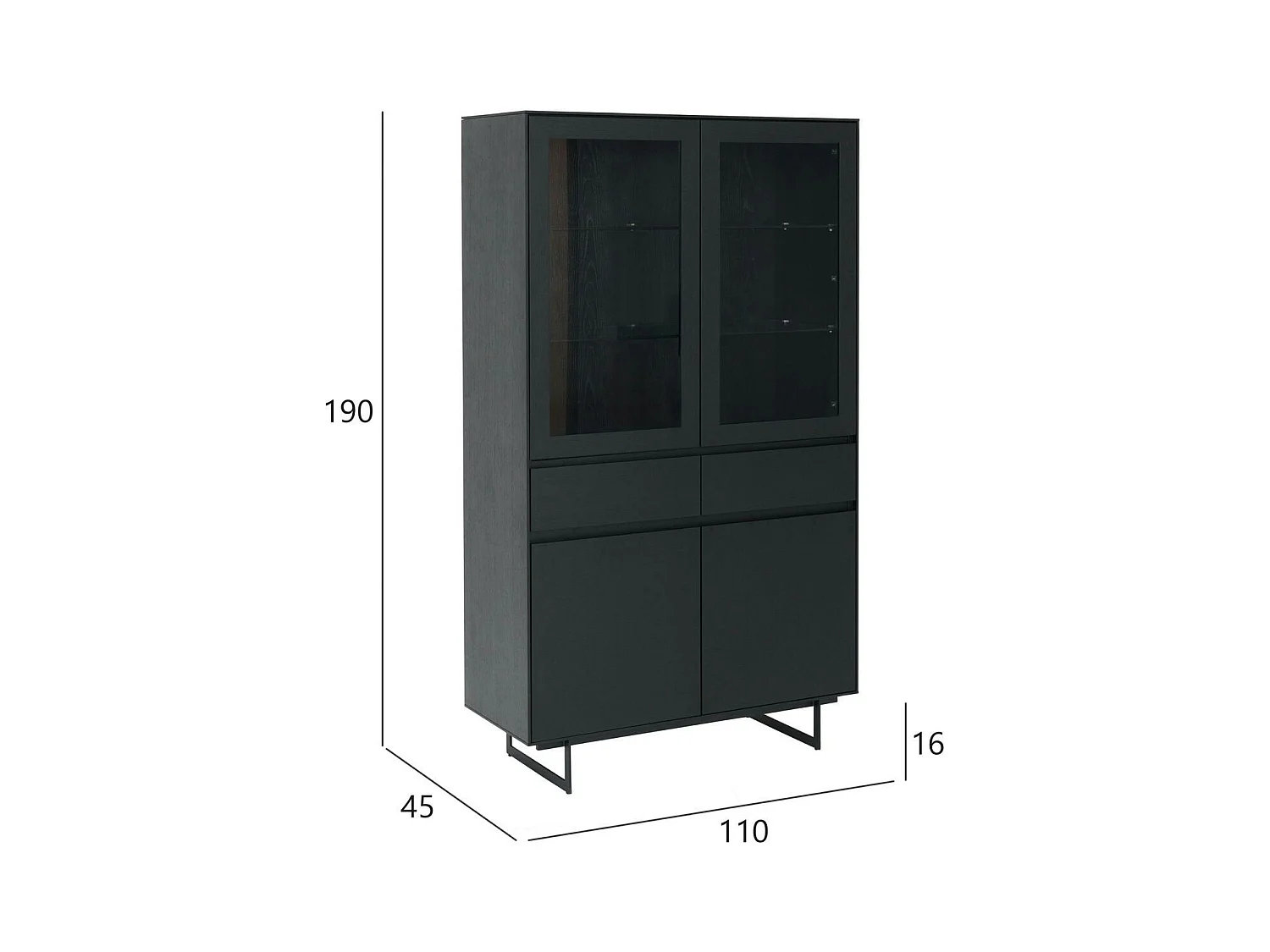 Vitrinekast met led-verlichting Tokyo - 4 deuren, 2 laden - MDF & staal - Zwart