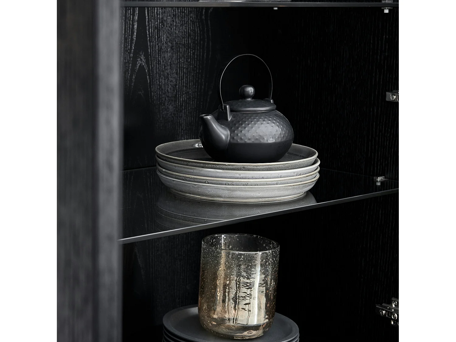 Vitrine avec LEDs Tokyo avec 4 portes et 2 tiroirs - MDF et métal - Noir