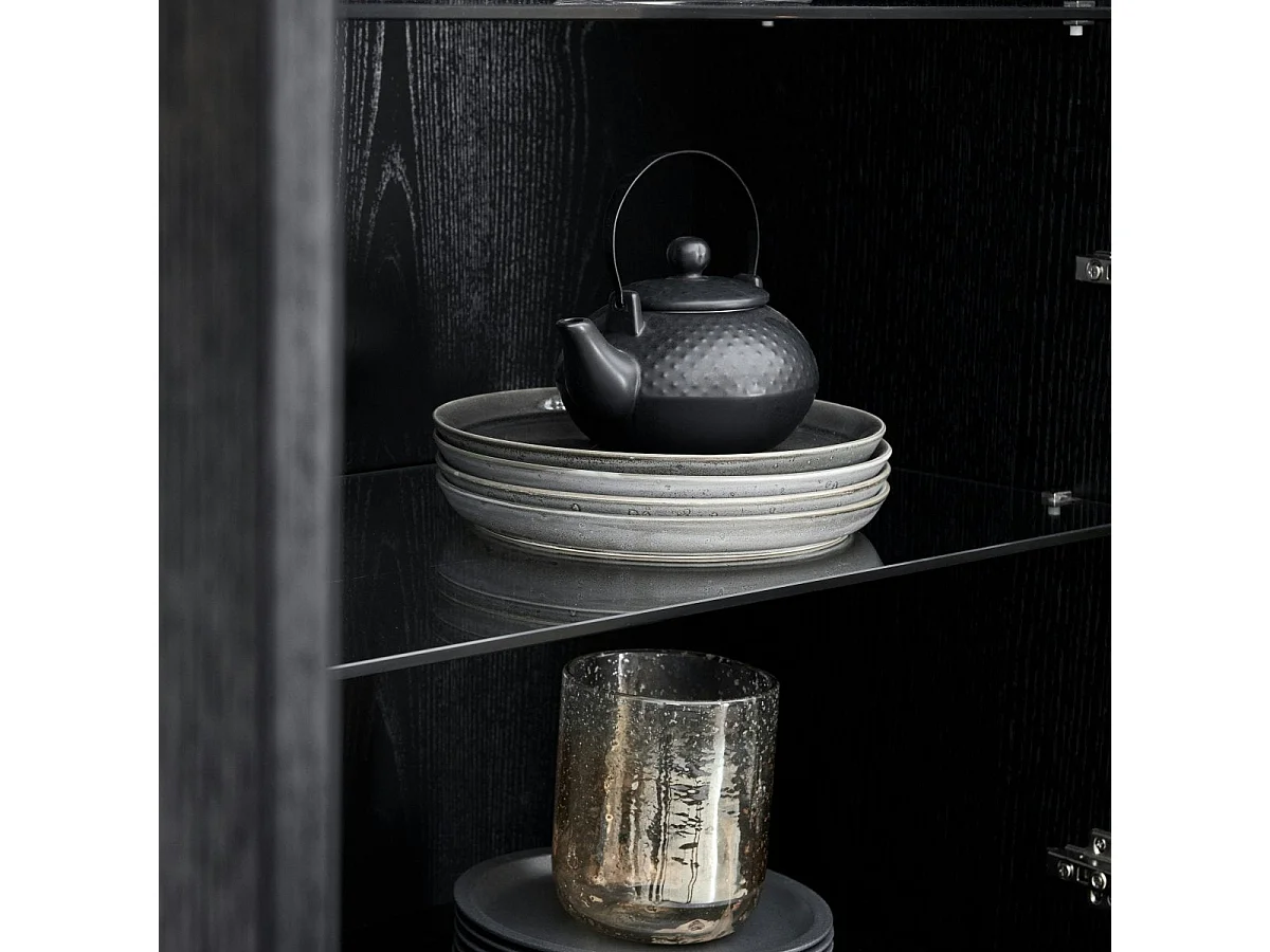 Vitrine mit LED Beleuchtung mit 2 Glastüren Tokyo - Eichenfurnier & MDF - Schwarz