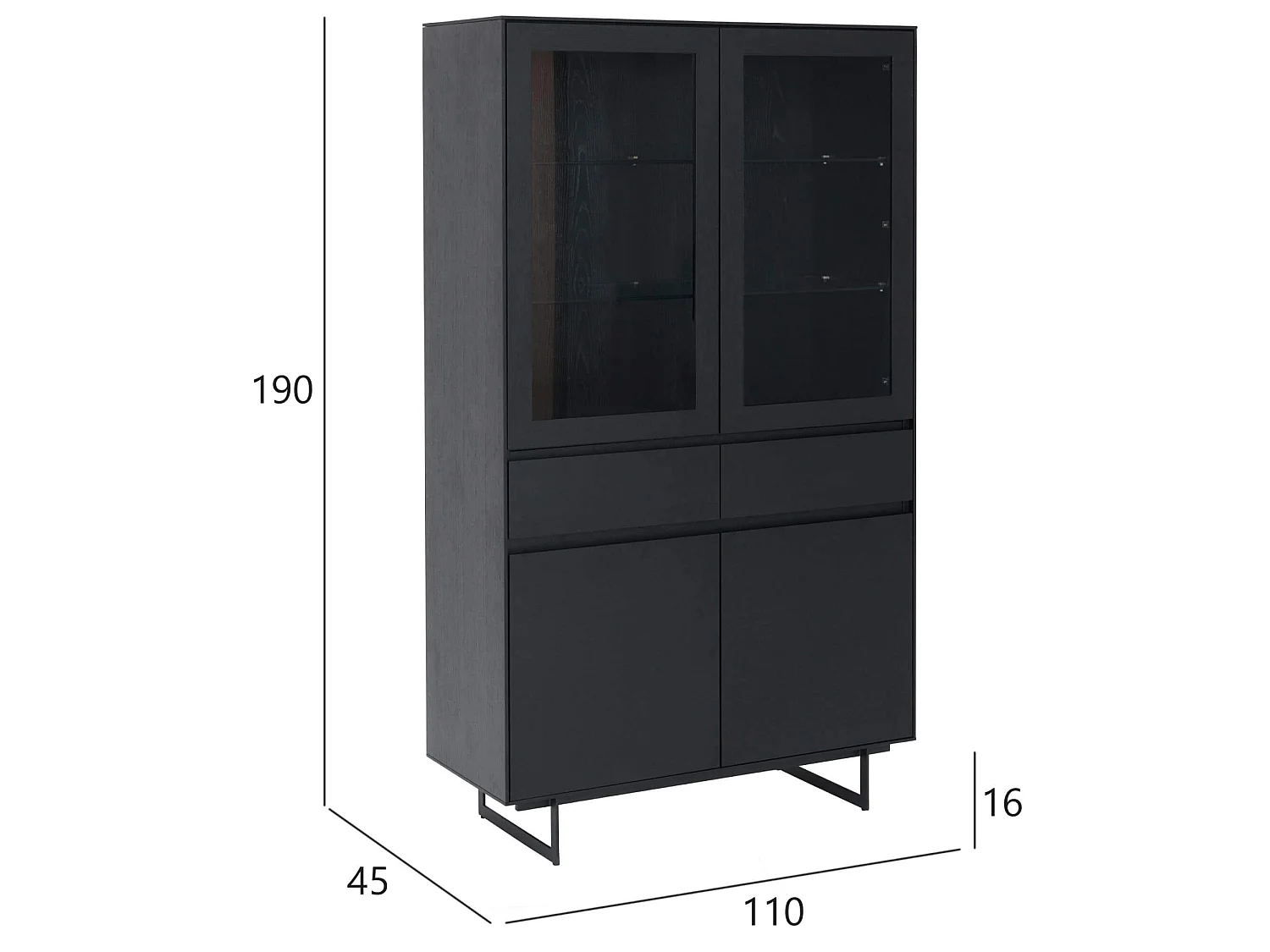Vitrine avec LEDs Tokyo avec 4 portes et 2 tiroirs - MDF et métal - Noir