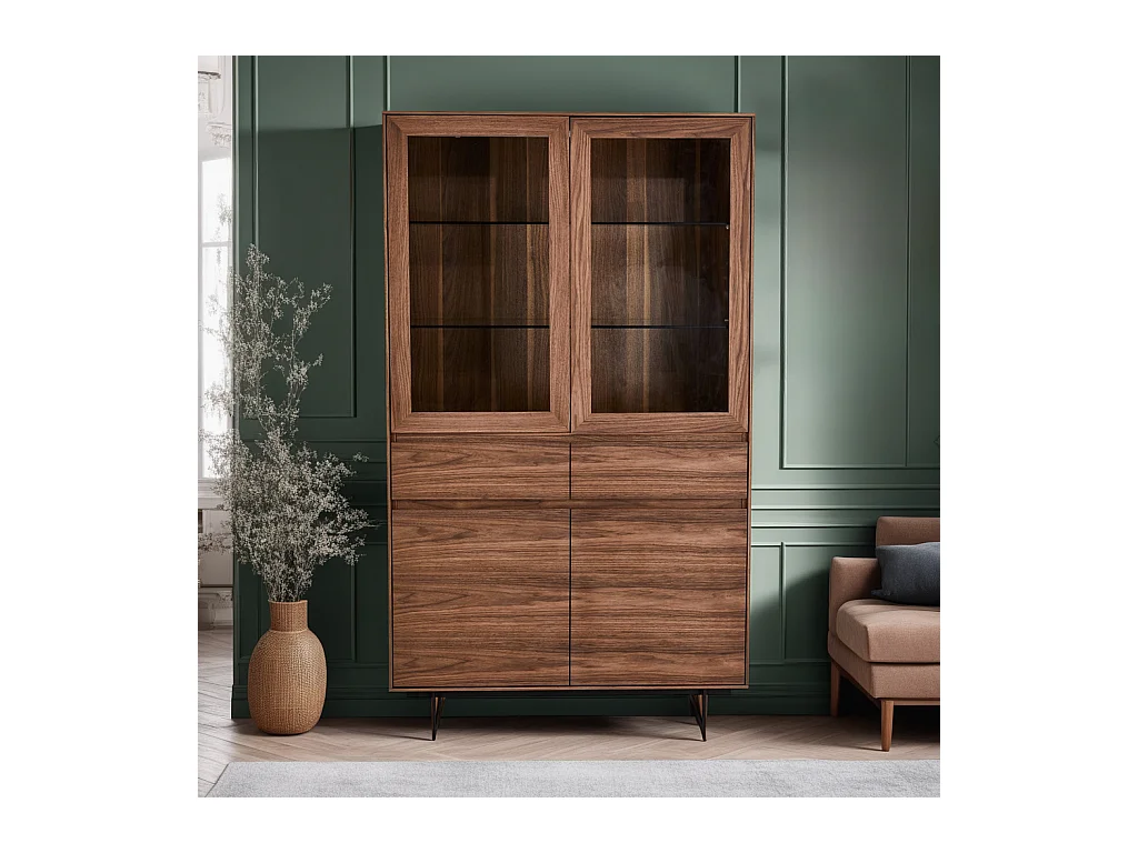 Vitrinekast met led-verlichting Tokyo - 4 deuren, 2 laden - MDF & staal - Amerikaanse eik