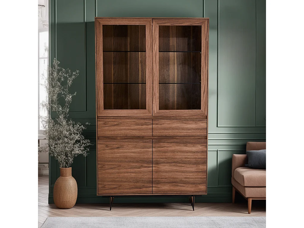 Vitrinekast met led-verlichting Tokyo - 4 deuren, 2 laden - MDF & staal - Amerikaanse eik