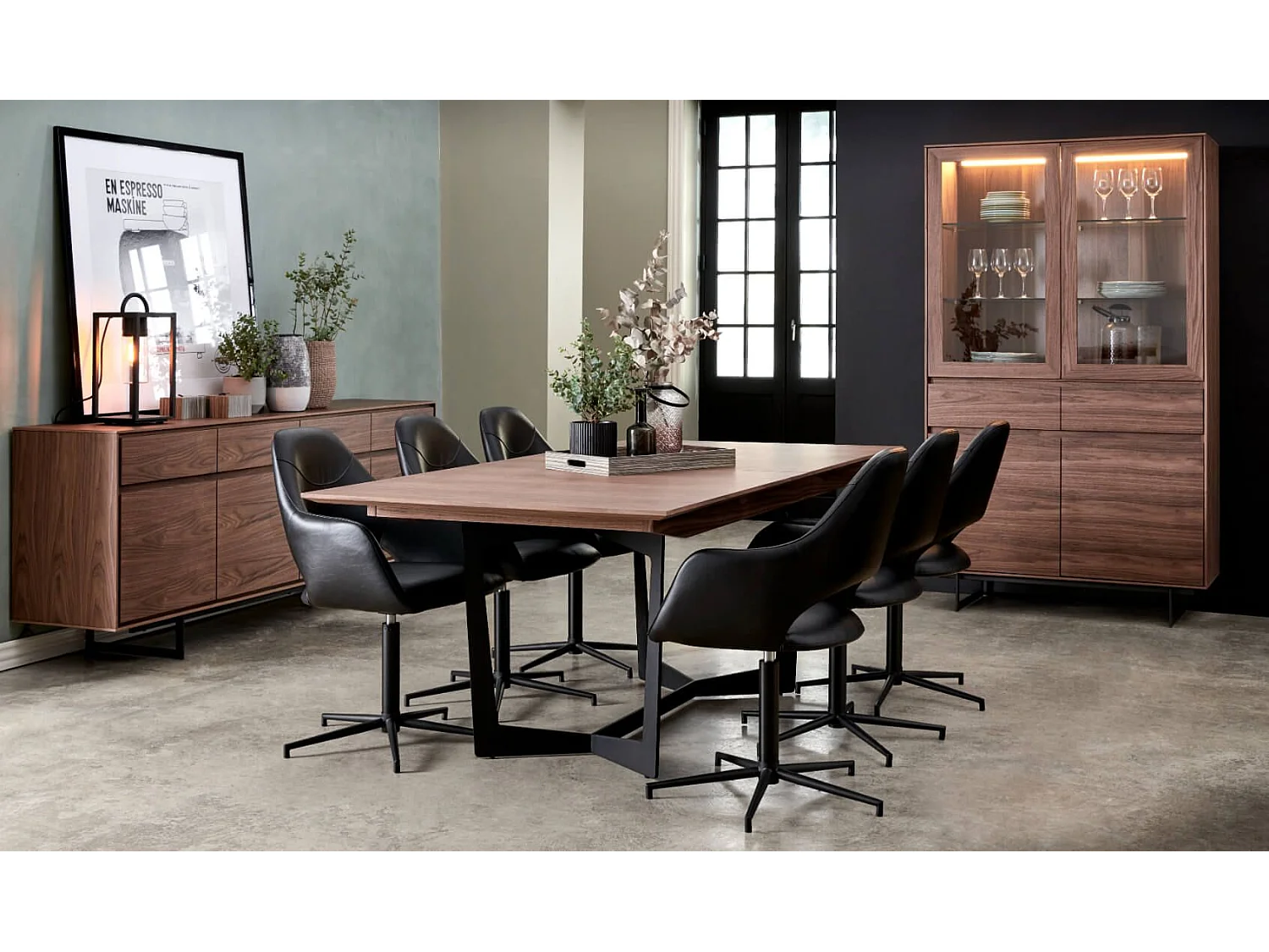 Vitrinekast met led-verlichting Tokyo - 4 deuren, 2 laden - MDF & staal - Amerikaanse eik