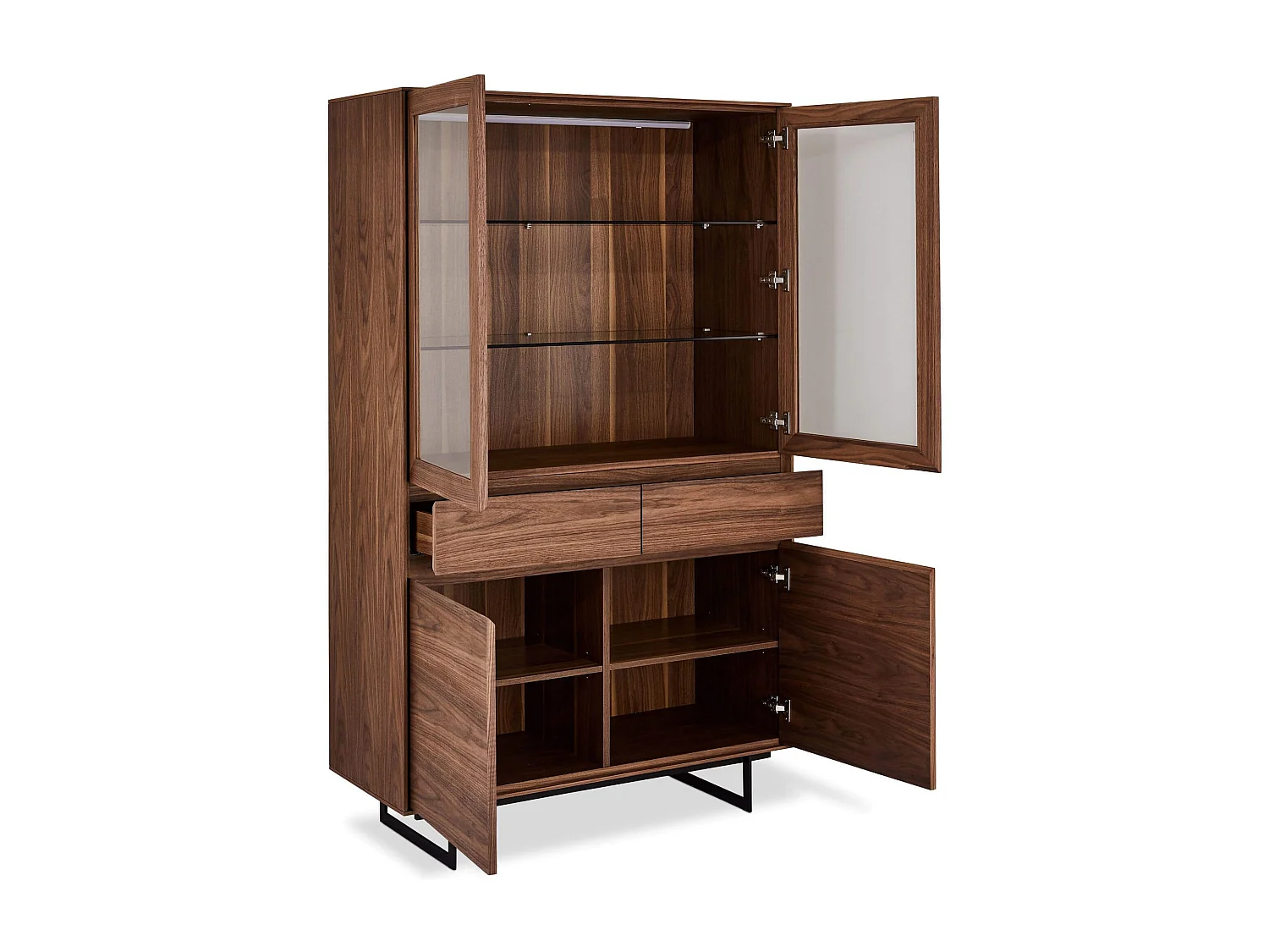 Vitrine avec LEDs Tokyo avec 4 portes et 2 tiroirs - MDF et métal - Noyer