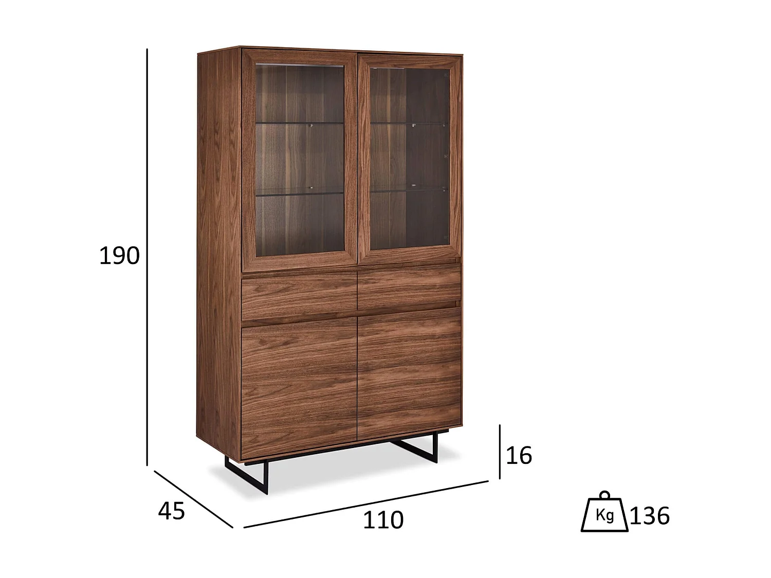 Vitrine avec LEDs Tokyo avec 4 portes et 2 tiroirs - MDF et métal - Noyer