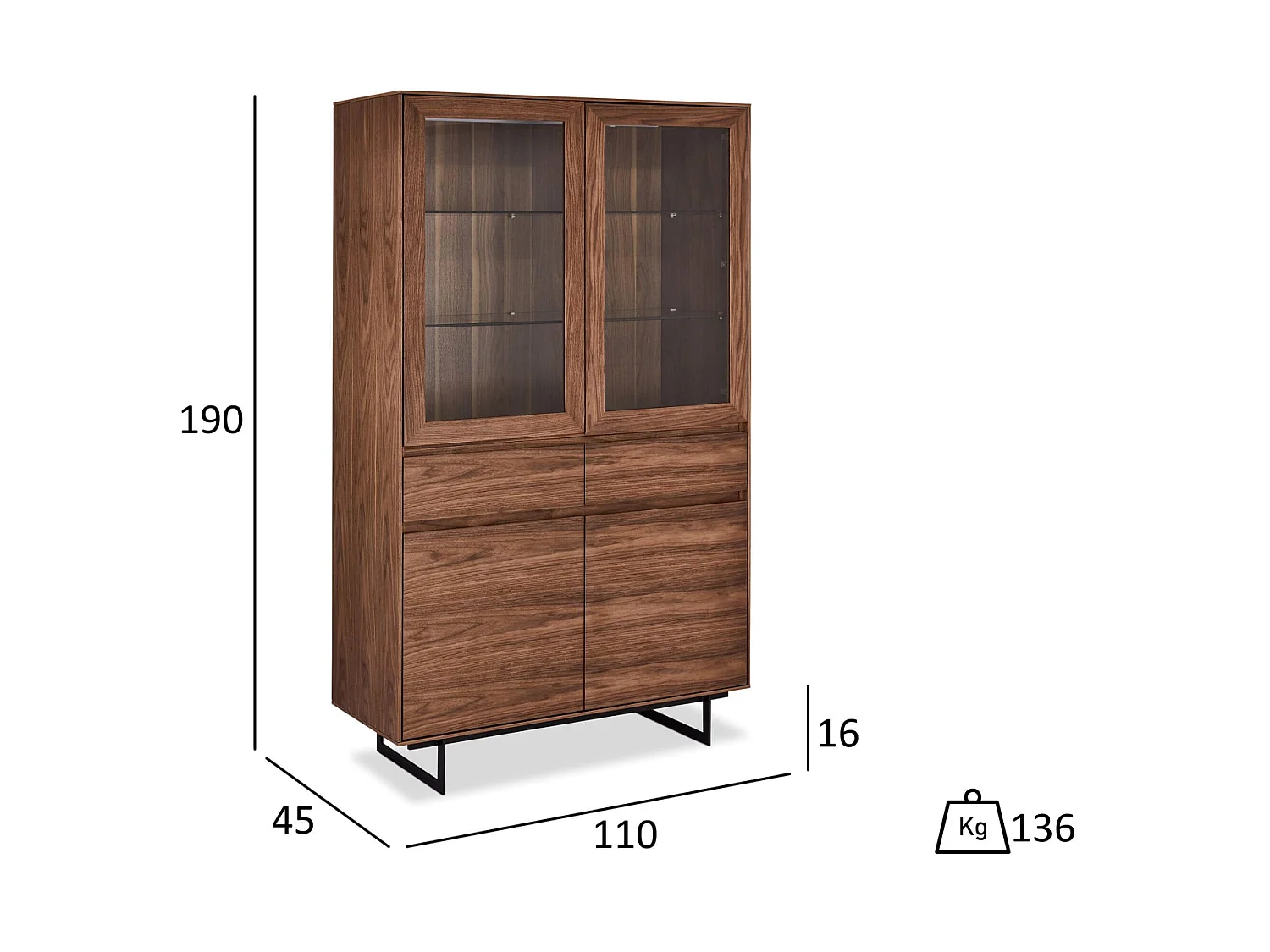 Vitrine avec LEDs Tokyo avec 4 portes et 2 tiroirs - MDF et métal - Noyer