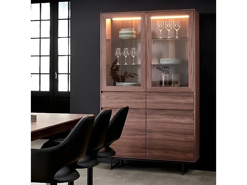 Vitrine avec LEDs Tokyo avec 4 portes et 2 tiroirs - MDF et métal - Noyer