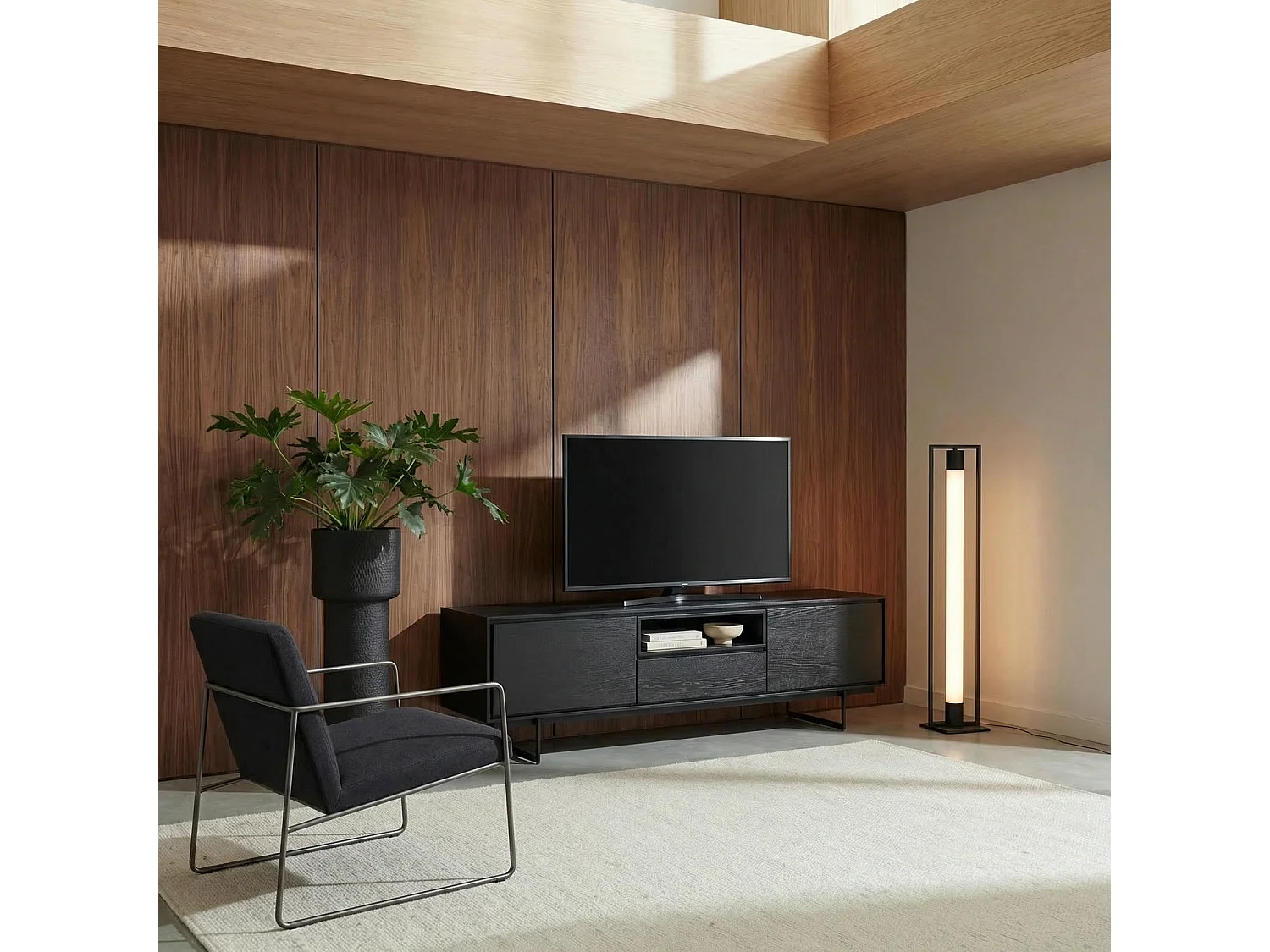 Meuble TV Tokyo avec 2 portes et 1 niche - MDF et métal - Noir