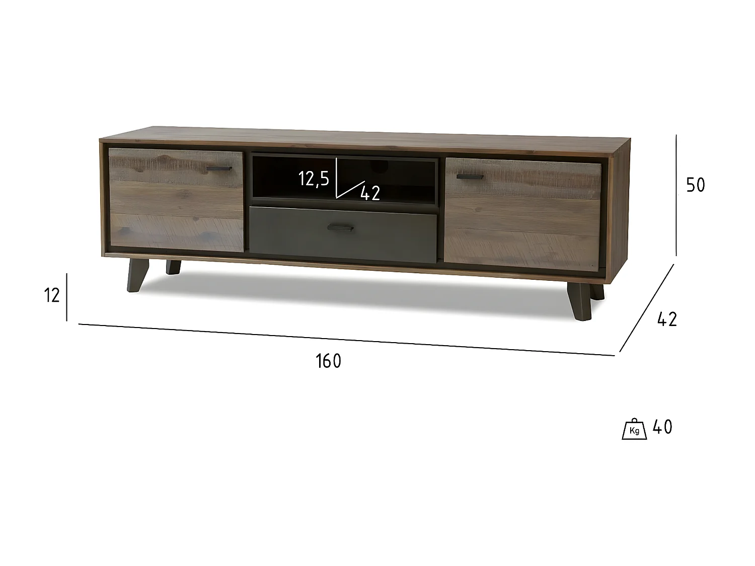 Meuble TV Malaga avec 2 portes et 1 tiroir - Acacia massif et MDF - Marron