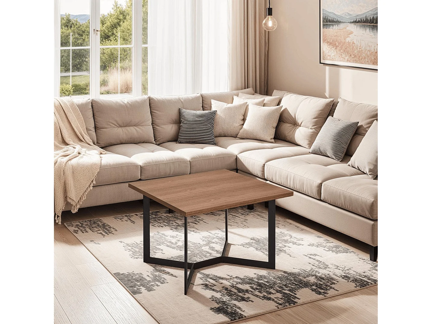 Ibbe Design Okkernoot Bijzettafel Rechthoekige Tokyo MDF Salontafel met met Metaal Planken Industireel Design voor Woonkamer Slaapkamer 70x70x52 cm