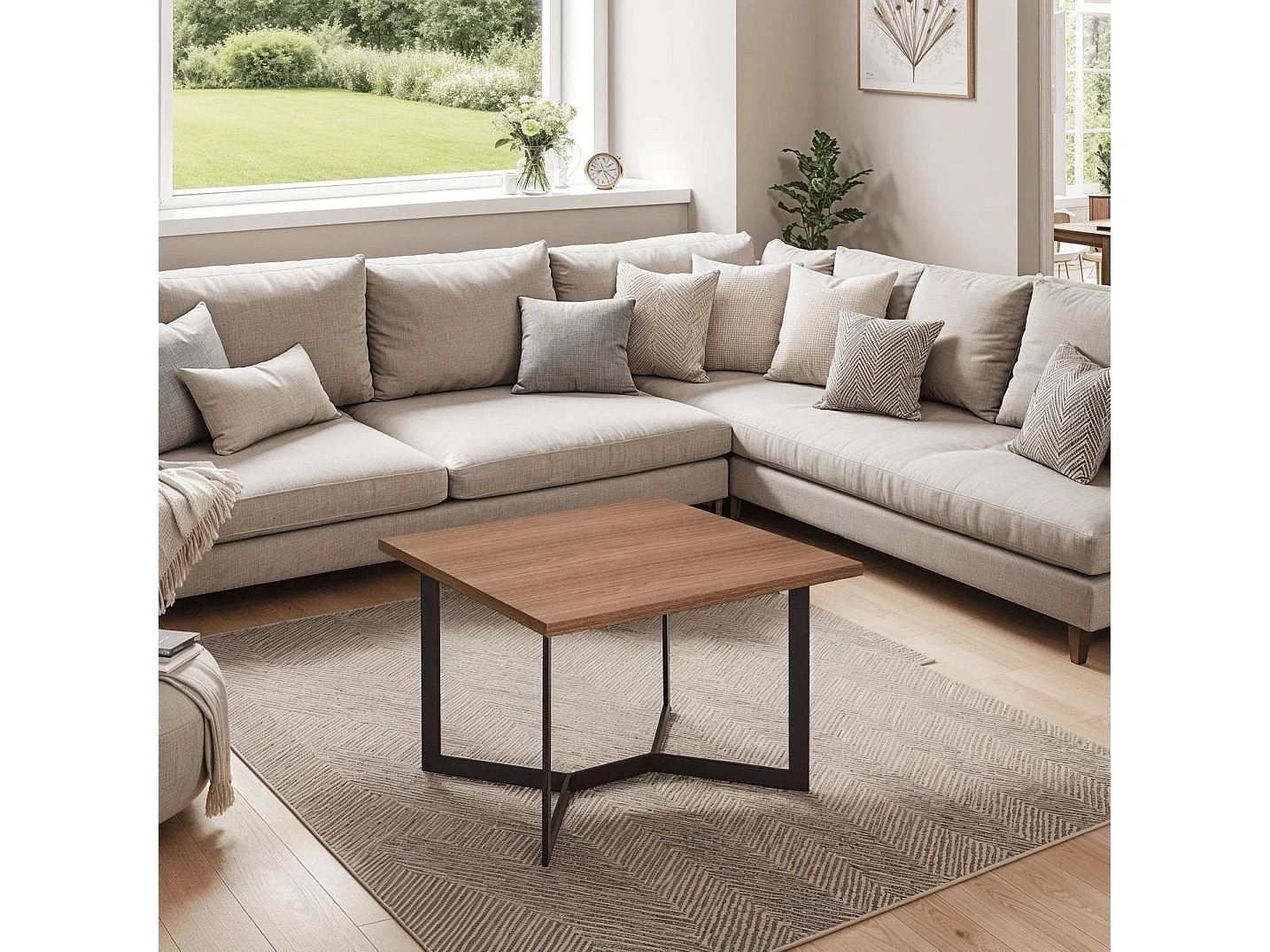 Ibbe Design Okkernoot Bijzettafel Rechthoekige Tokyo MDF Salontafel met met Metaal Planken Industireel Design voor Woonkamer Slaapkamer 70x70x52 cm