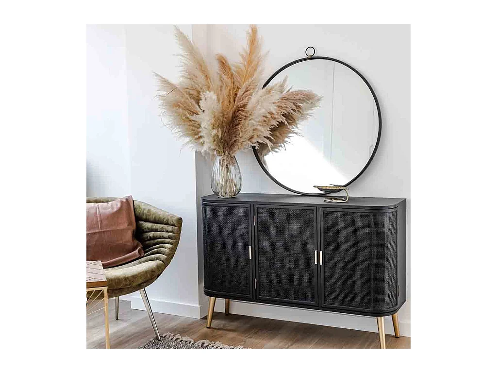 Aparador de madeira lacada preta e grade 118x37x80