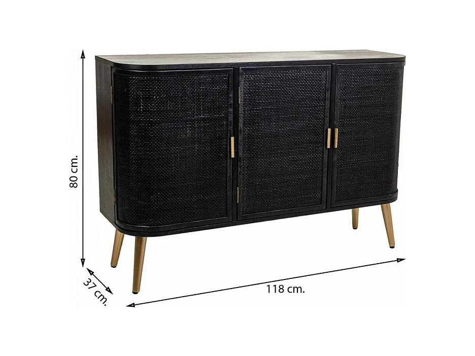 Aparador de madeira lacada preta e grade 118x37x80