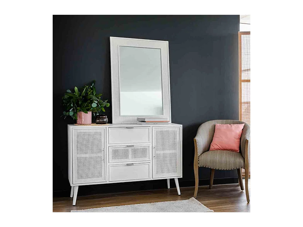 Aparador de madera y rejilla blanco 120x40.5x81