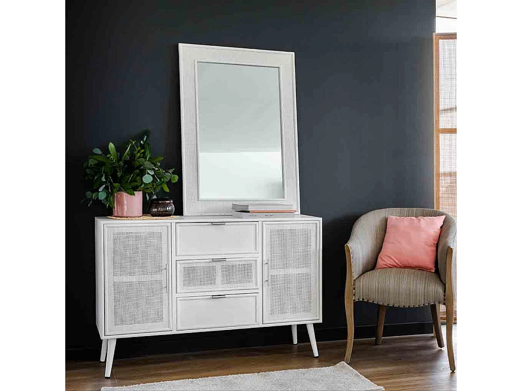 Credenza in legno e rete bianca 120x40,5x81h