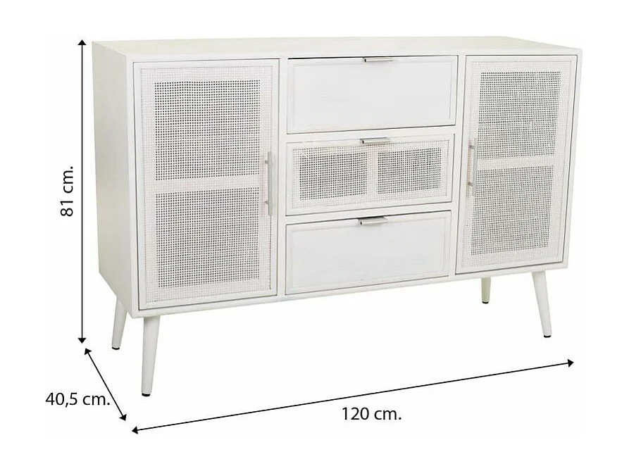 Credenza in legno e rete bianca 120x40,5x81h