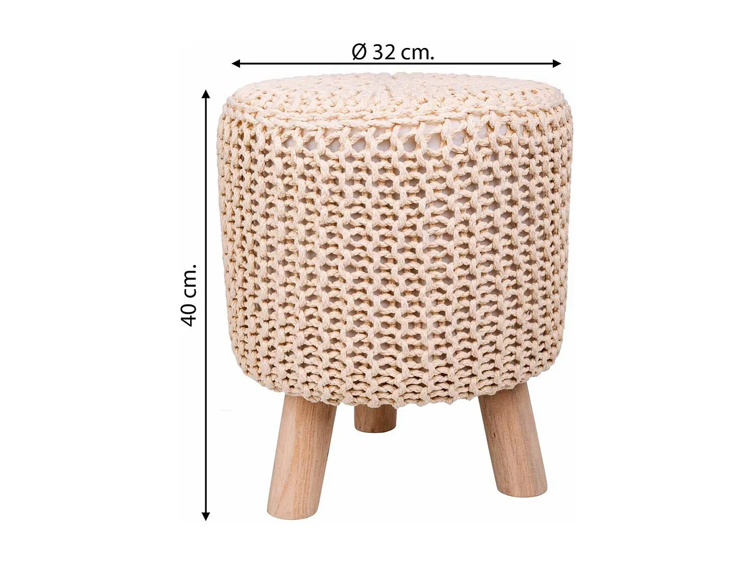Tabouret en bois et coton tressé 32x32x40h cm