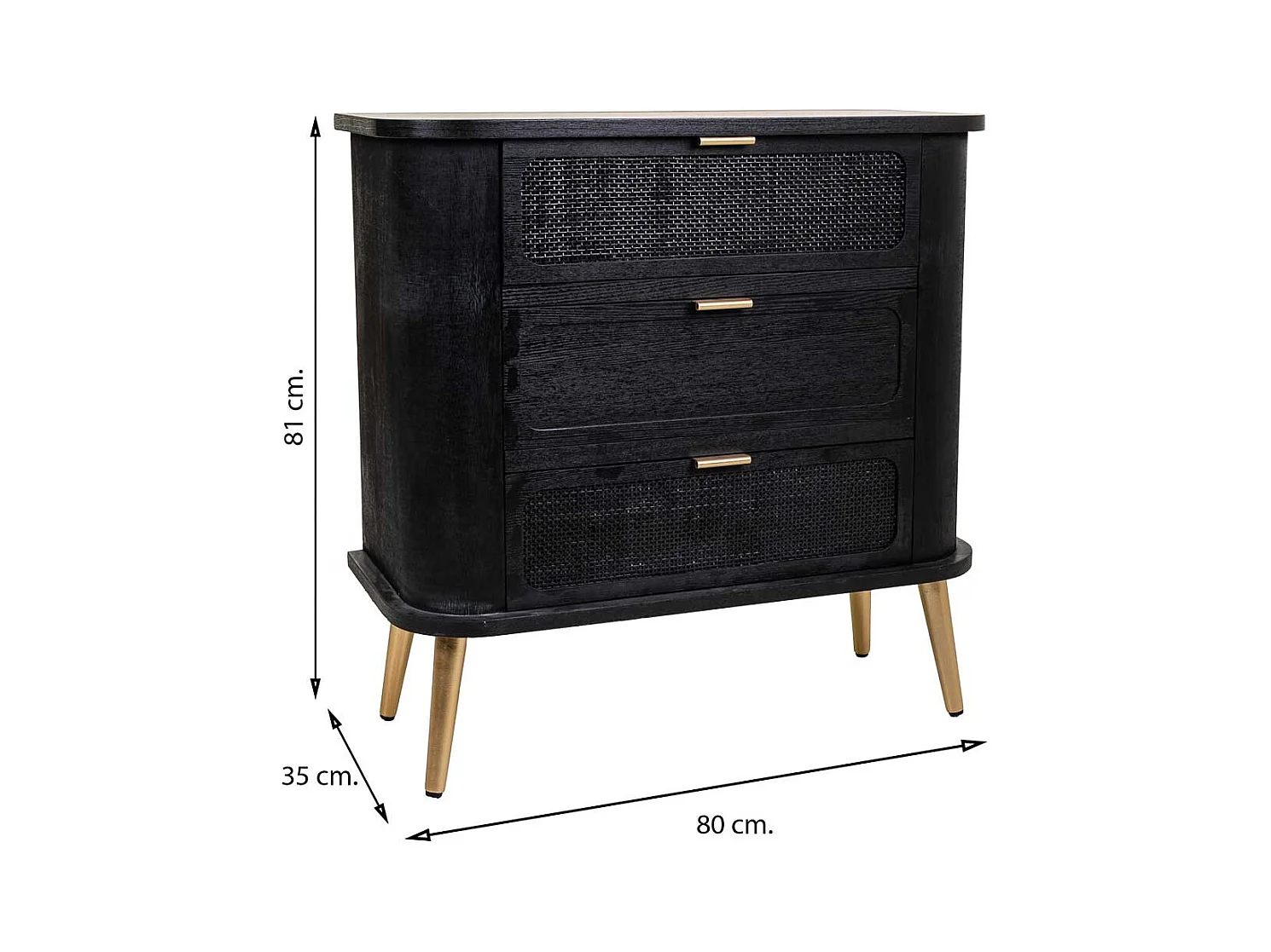 Cassettiera in legno e rete laccata nera 80x35x81h