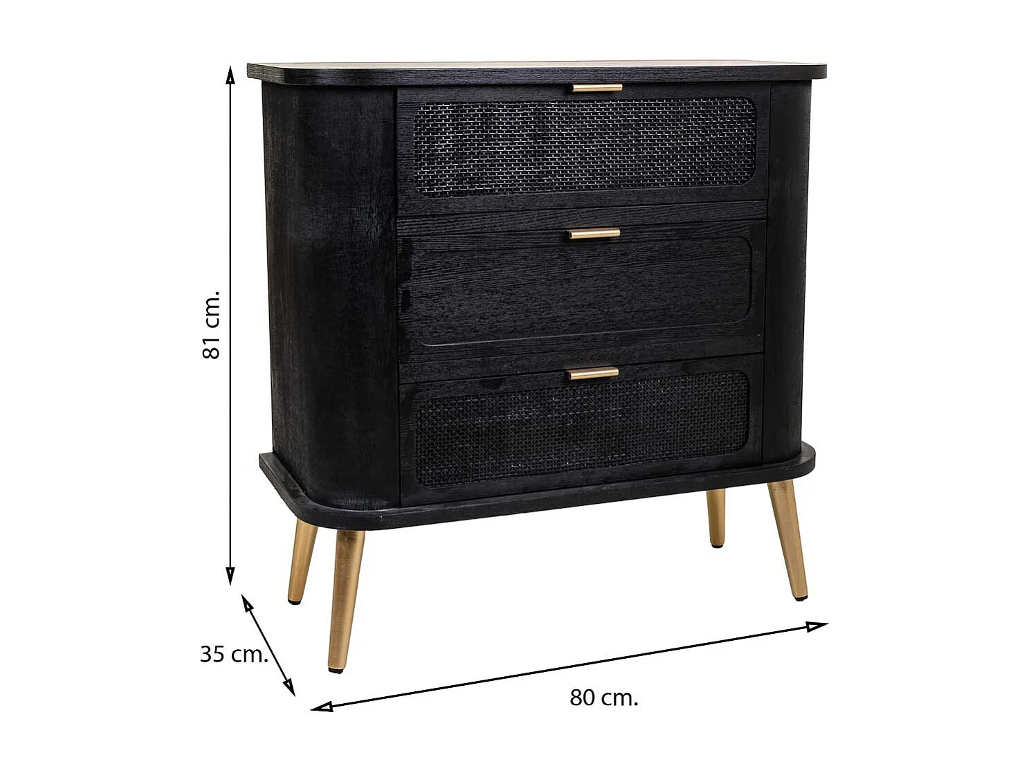 Cômoda em madeira lacada preta e malha 80x35x81