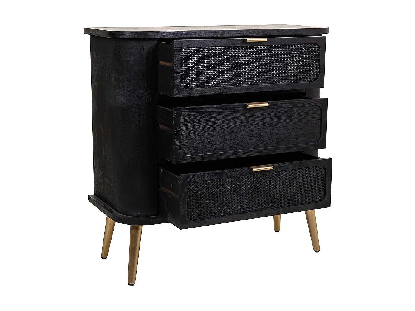 Cômoda em madeira lacada preta e malha 80x35x81