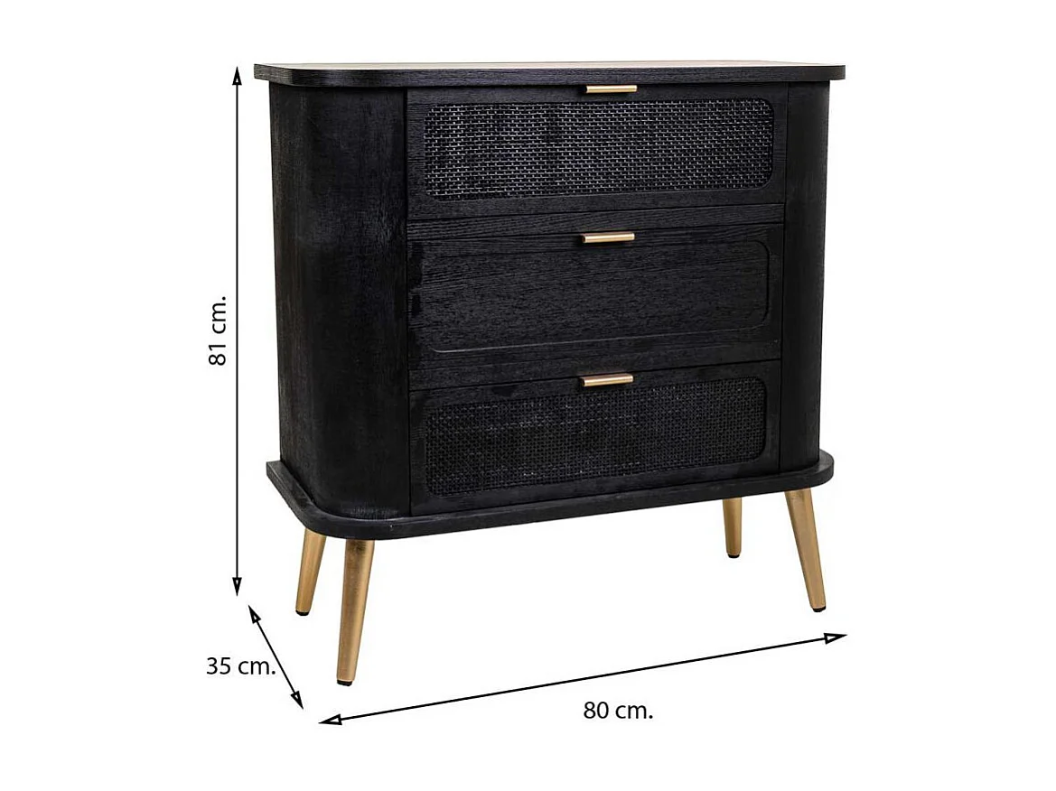 Cômoda em madeira lacada preta e malha 80x35x81