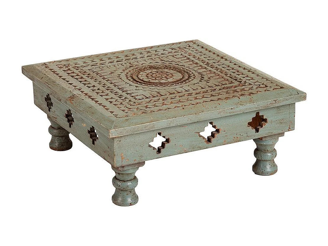 Mesa centro de madera tallada acabado artesanal  33x33x14