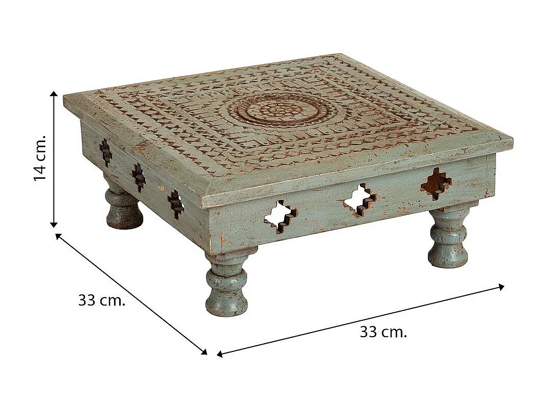Mesa centro de madera tallada acabado artesanal  33x33x14
