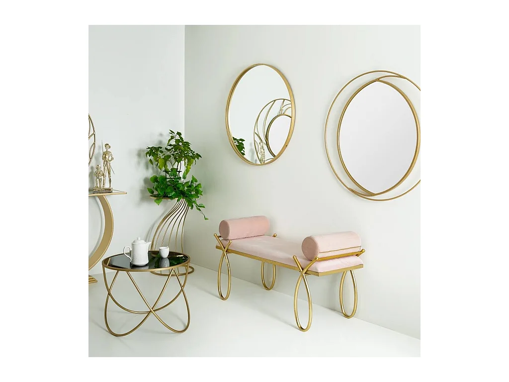 Banco em veludo rosa e metal dourado 112,5x49x53