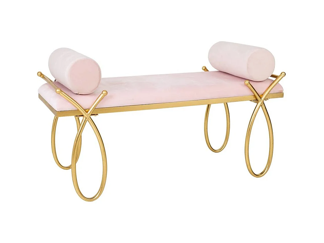 Banco em veludo rosa e metal dourado 112,5x49x53