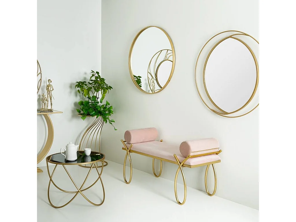 Banco em veludo rosa e metal dourado 112,5x49x53