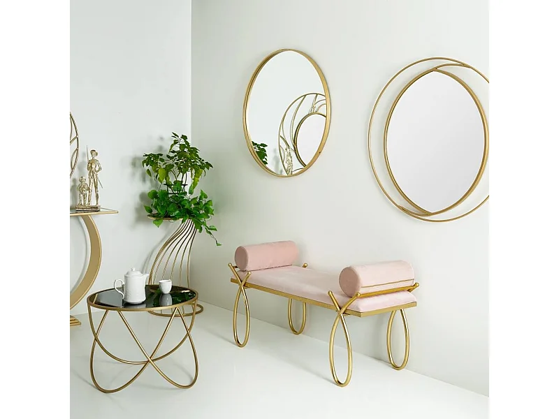 Banc en velours rose et métal doré 112,5x49x53