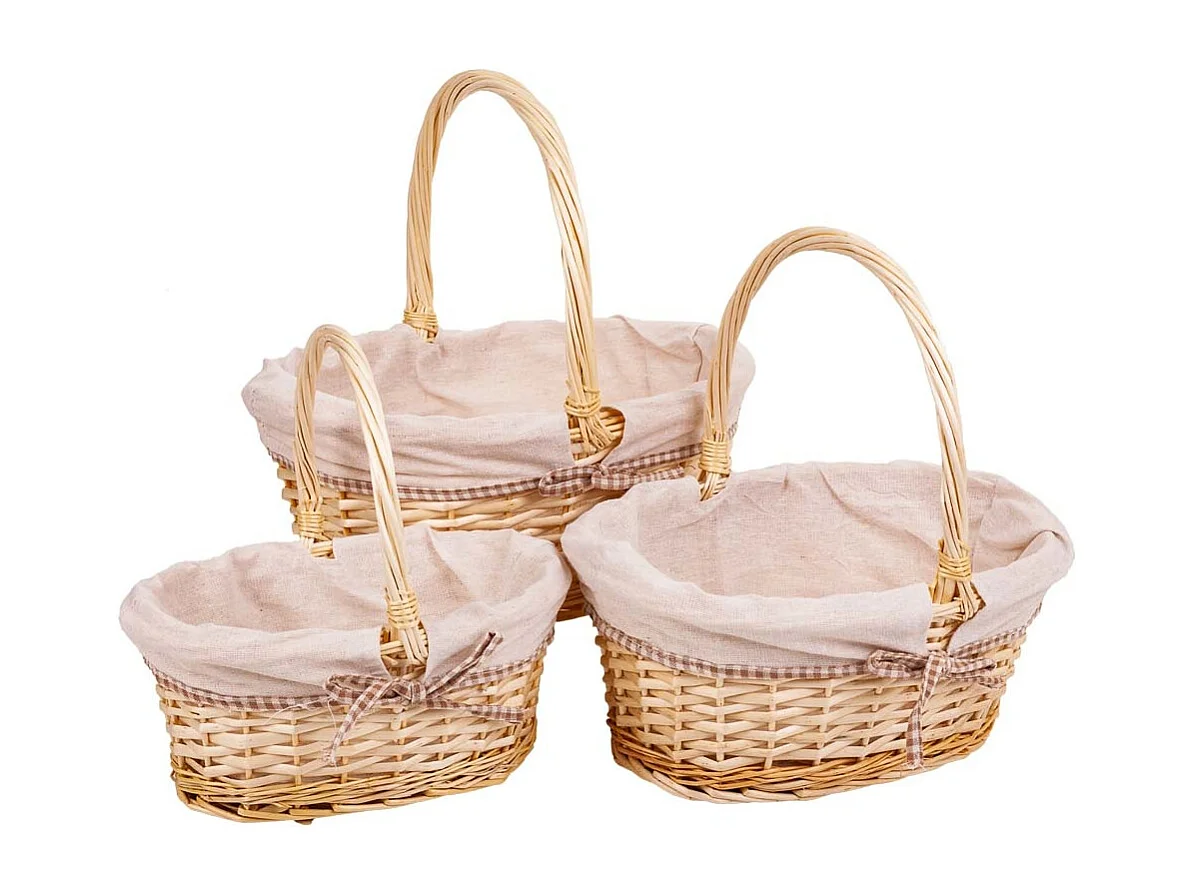 Set di 3 cestini in vimini foderati di bianco