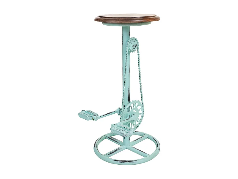 Turquoise kruk van hout en metaal met een unieke stijl en comfort