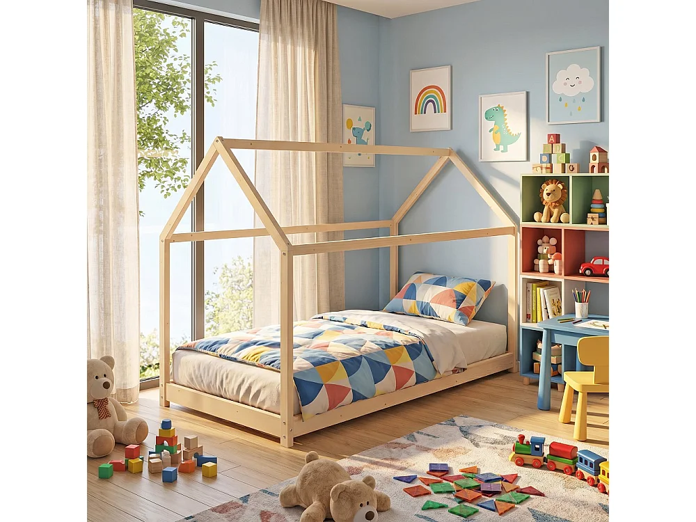 Lit cabane PANDA 90x190 + 1 sommier / Bois clair