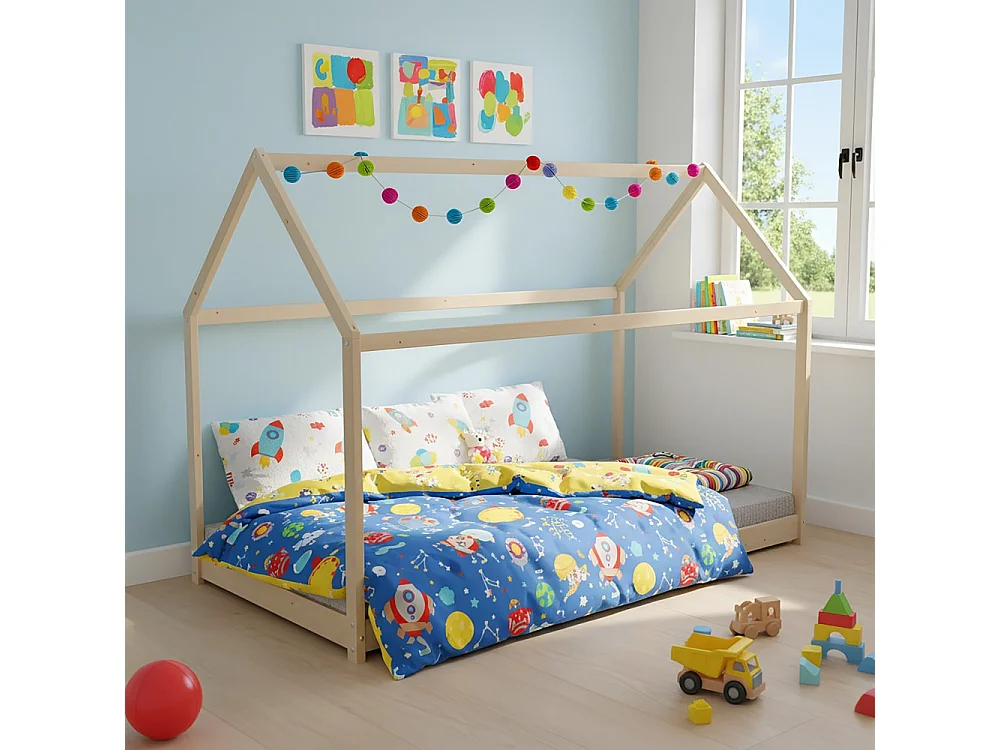 Lit cabane PANDA 90x190 + 1 sommier / Bois clair