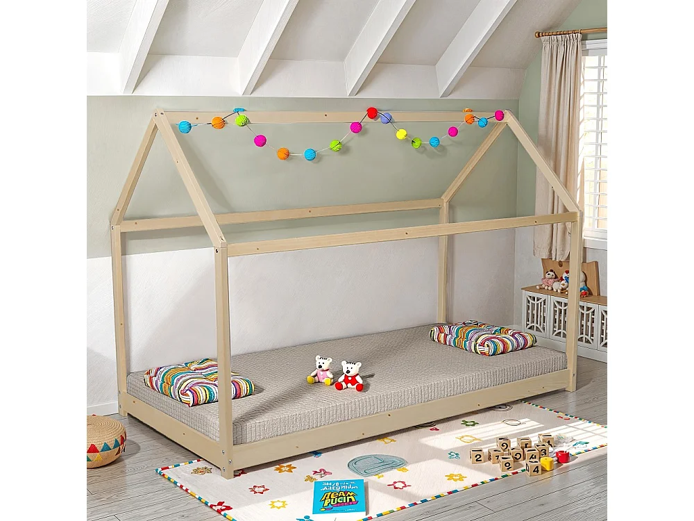 Lit cabane PANDA 90x190 + 1 sommier / Bois clair