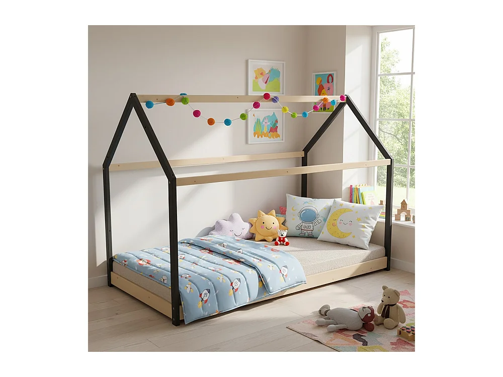 Lit cabane PANDA 90x190 + 1 sommier / Noir et Bois clair