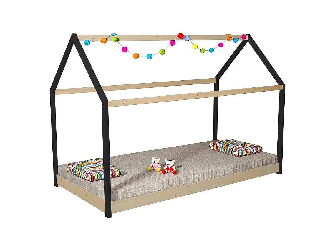 Lit cabane PANDA 90x190 + 1 sommier / Noir et Bois clair