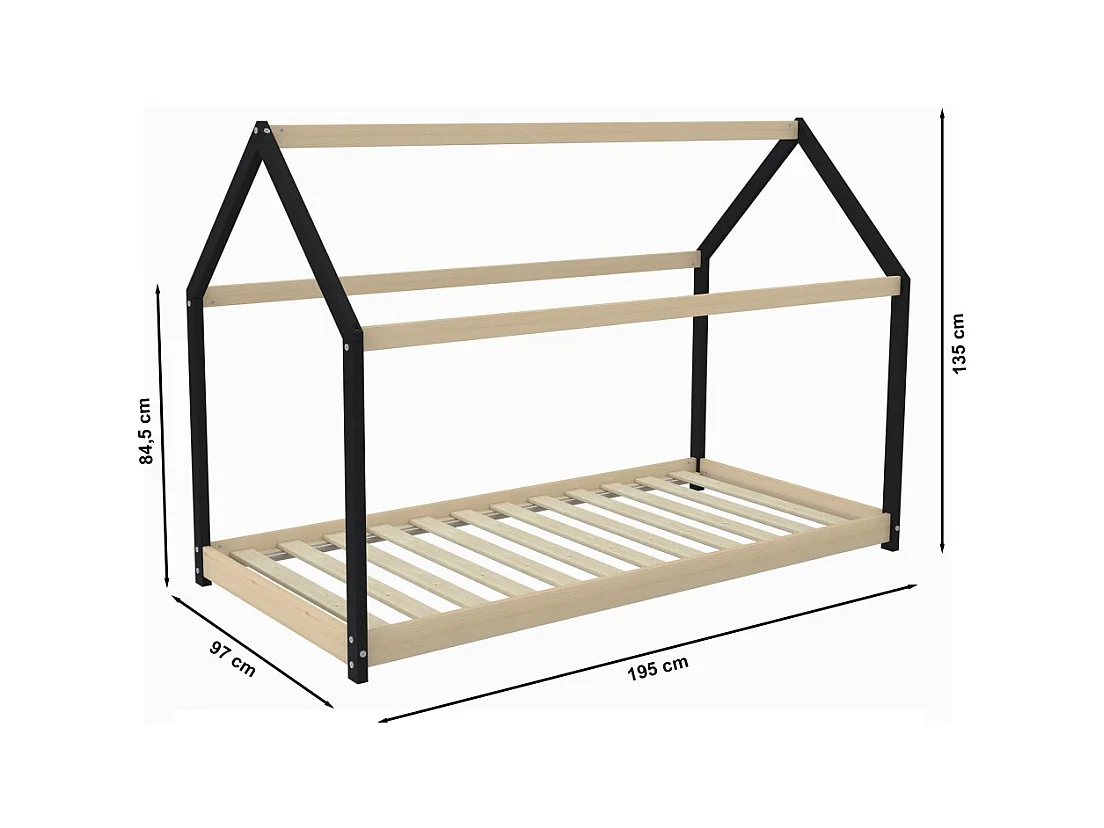 Lit cabane PANDA 90x190 + 1 sommier / Noir et Bois clair
