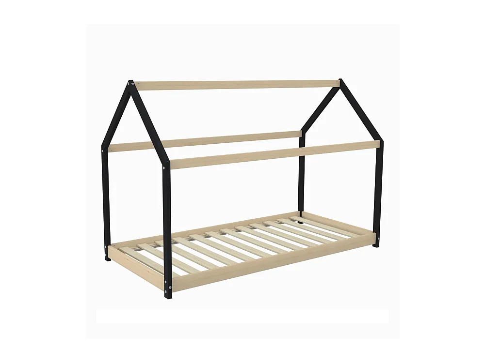 Lit cabane PANDA 90x190 + 1 sommier / Noir et Bois clair