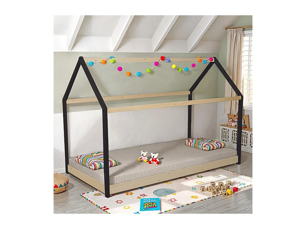 Lit cabane PANDA 90x190 + 1 sommier / Noir et Bois clair