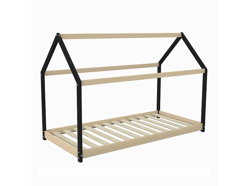 Lit cabane PANDA 90x190 + 1 sommier / Noir et Bois clair