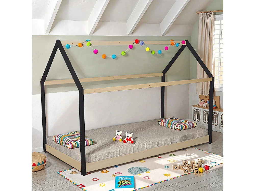 Lit cabane PANDA 90x190 + 1 sommier / Noir et Bois clair