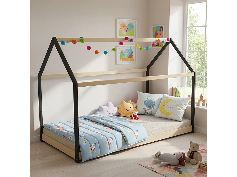Lit cabane PANDA 90x190 + 1 sommier / Noir et Bois clair