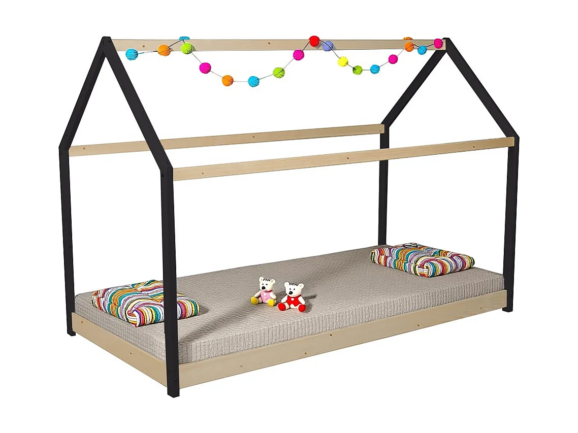 Lit cabane PANDA 90x190 + 1 sommier / Noir et Bois clair