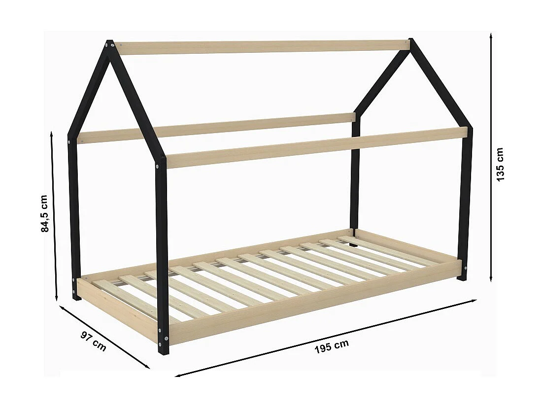 Lit cabane PANDA 90x190 + 1 sommier / Noir et Bois clair