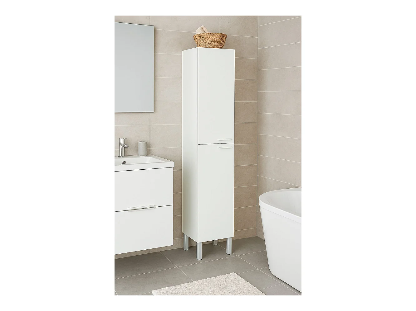 Dfaropp badkamerkolom, Badkamerkolomkast met 2 deuren, Hangkast met 2 planken, 30x25h182 cm, Glanzend wit